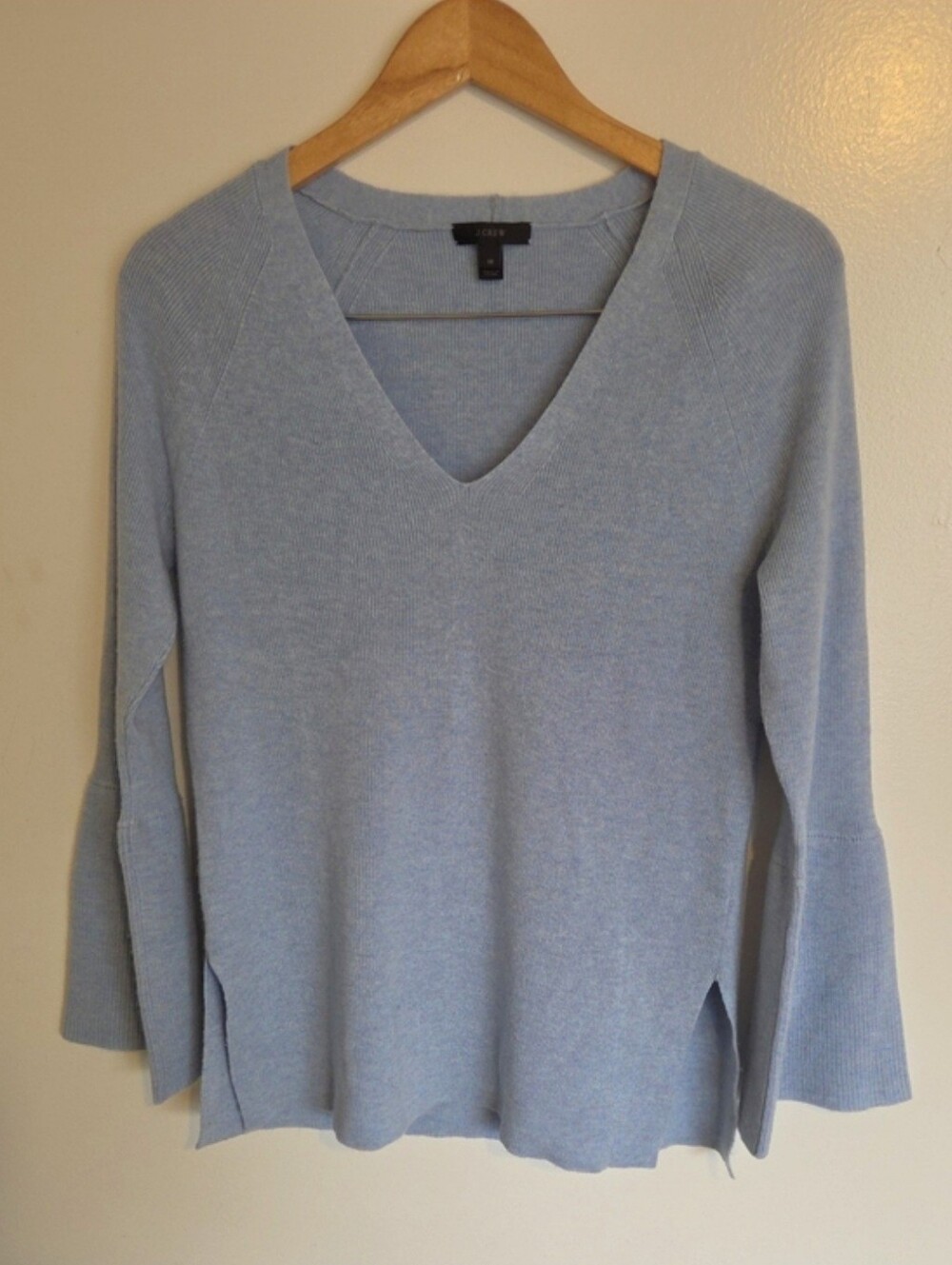 J. Crew Peplum Bell Sleeve Wool Blend Light Blue V-Neck Women's Sweater Medium